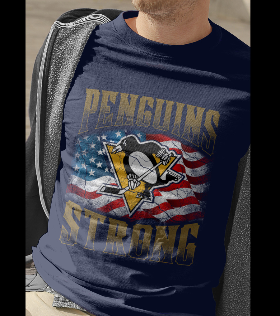Penguins Strong American Flag Hockey T-Shirt