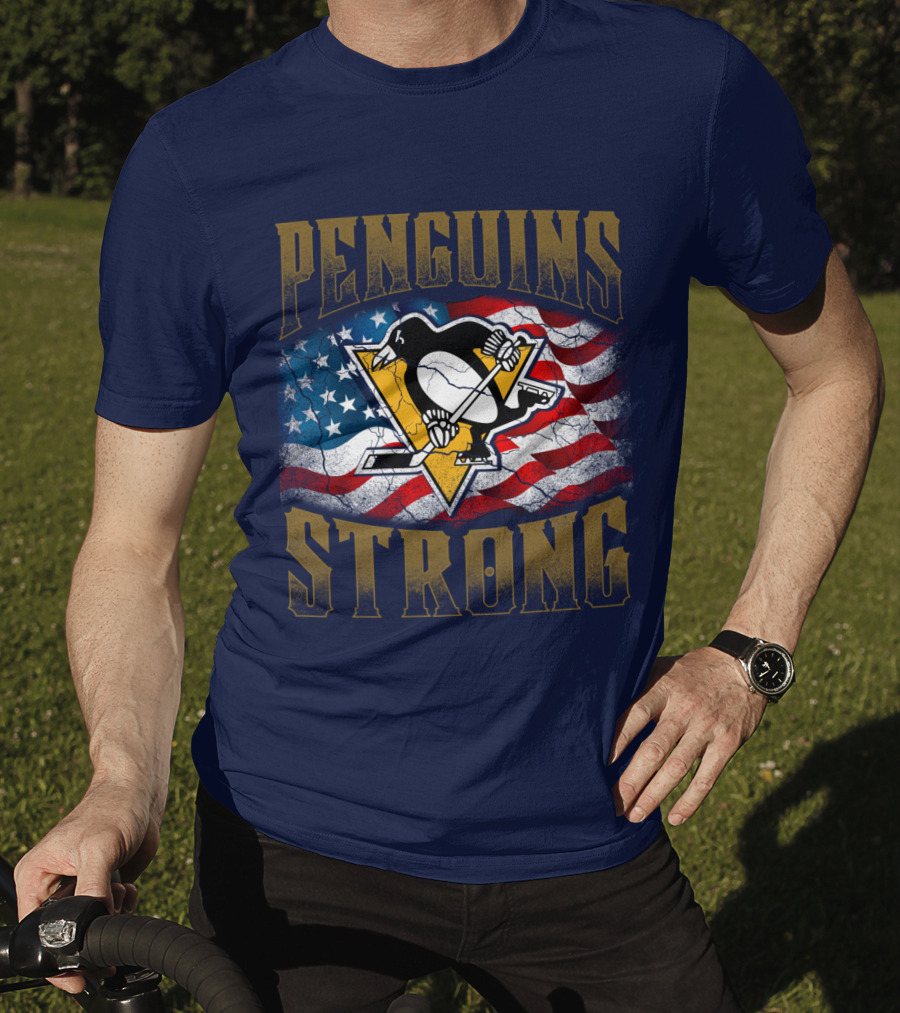 Penguins Strong American Flag Hockey T-Shirt