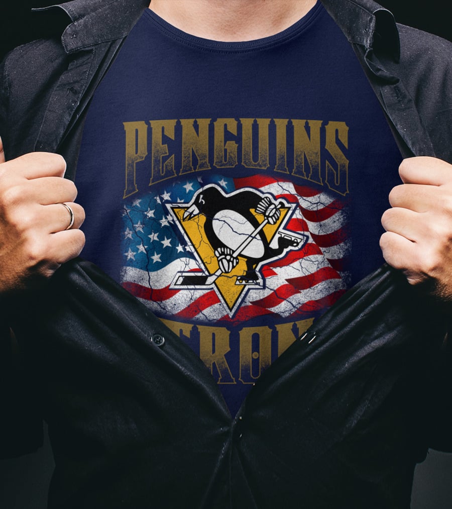 Penguins Strong American Flag Hockey T-Shirt