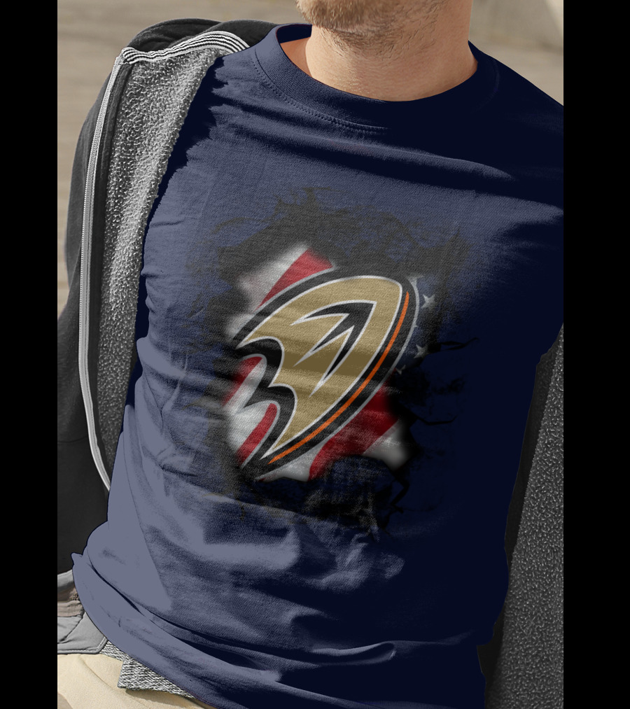 Anaheim Ducks Logo With American Flag Backdrop T-Shirt