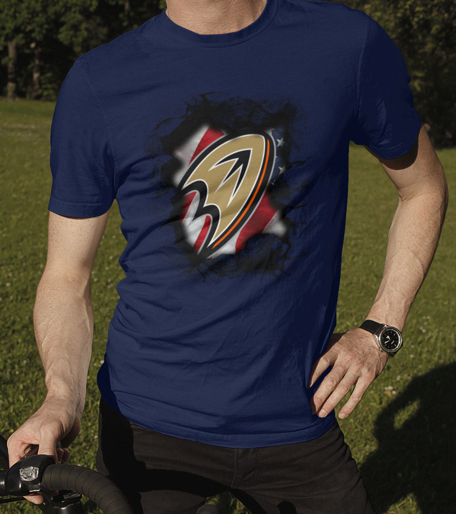 Anaheim Ducks Logo With American Flag Backdrop T-Shirt