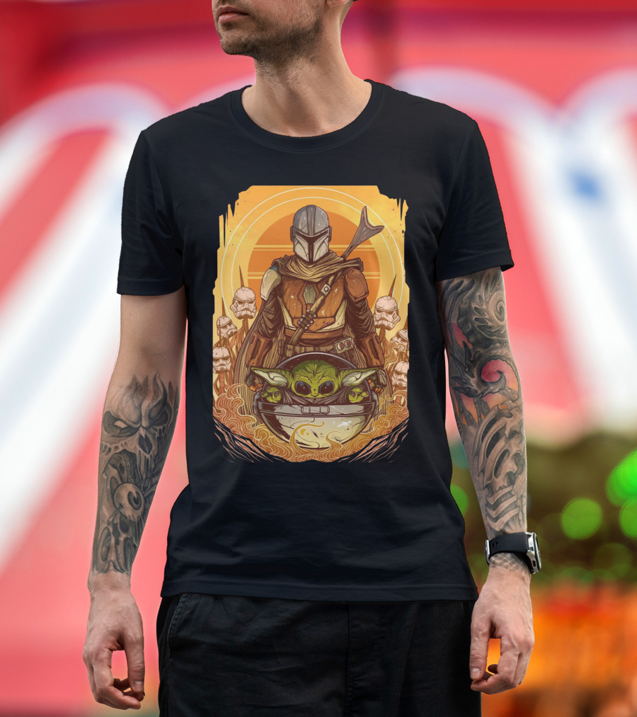 Mandalorian And Baby Yoda With Stormtroopers And Orange Sunset Scene T-Shirt