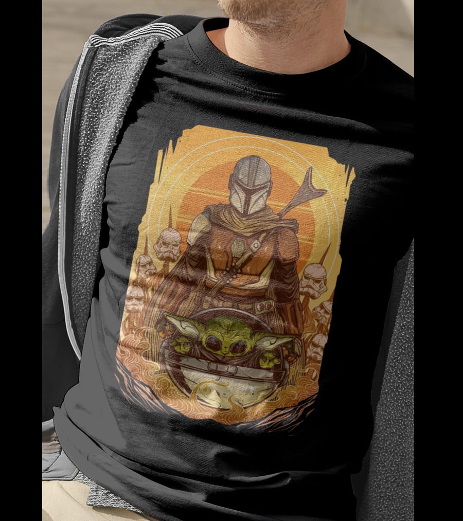 Mandalorian And Baby Yoda With Stormtroopers And Orange Sunset Scene T-Shirt