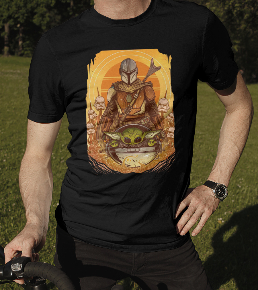 Mandalorian And Baby Yoda With Stormtroopers And Orange Sunset Scene T-Shirt