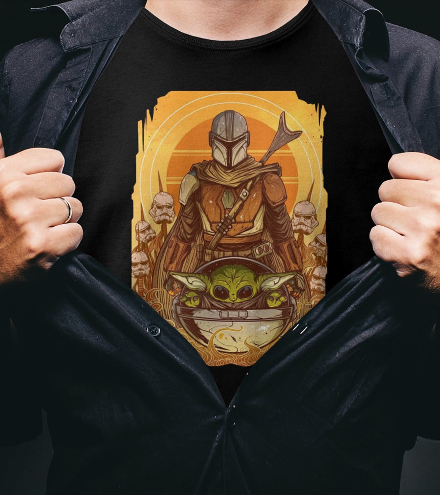 Mandalorian And Baby Yoda With Stormtroopers And Orange Sunset Scene T-Shirt