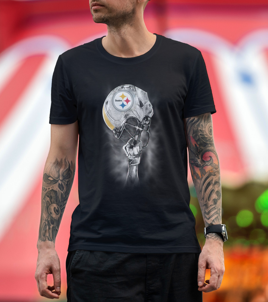 Pittsburgh Steelers Metallic Football Helmet With Steelworker’s Arm Raised High T-Shirt