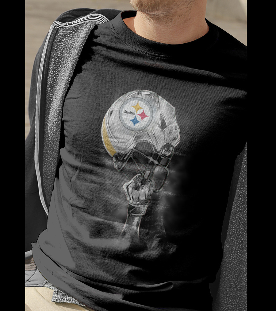 Pittsburgh Steelers Metallic Football Helmet With Steelworker’s Arm Raised High T-Shirt