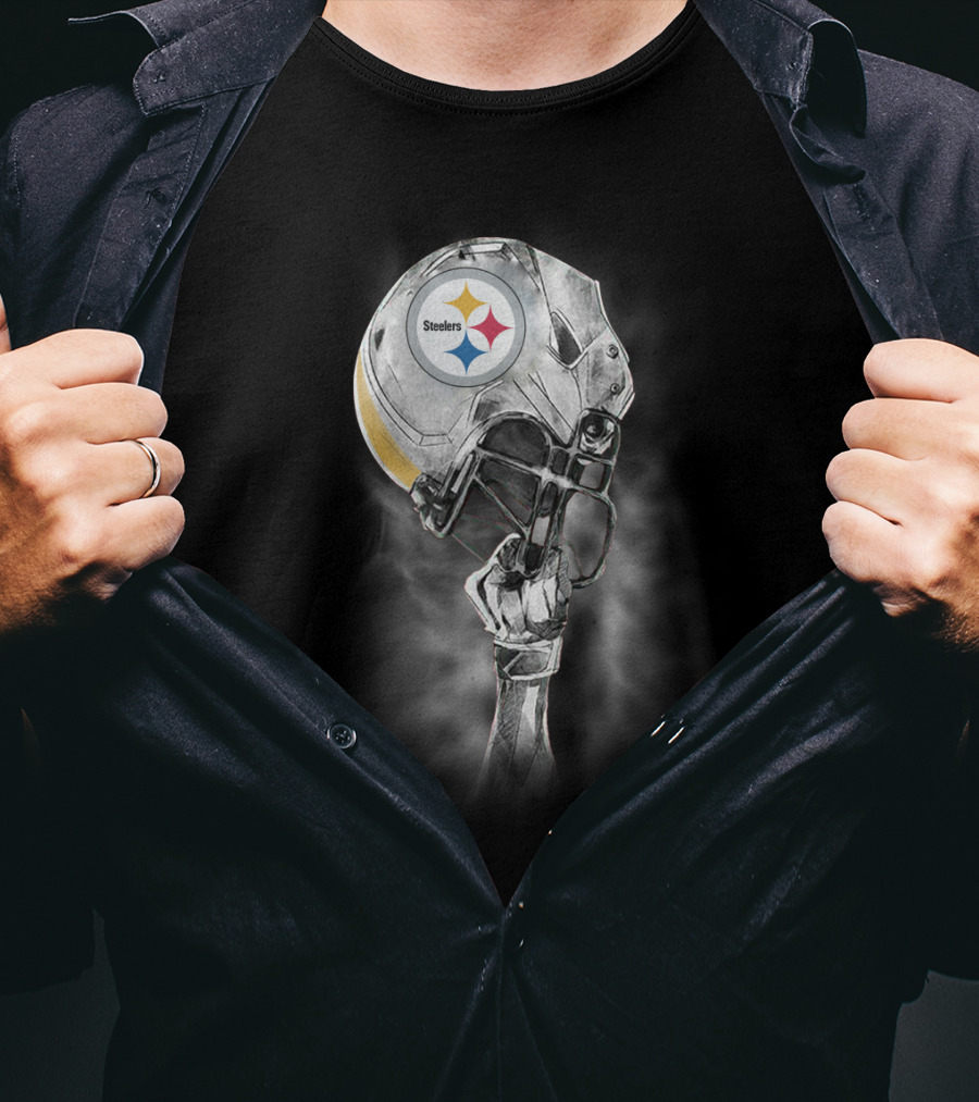 Pittsburgh Steelers Metallic Football Helmet With Steelworker’s Arm Raised High T-Shirt