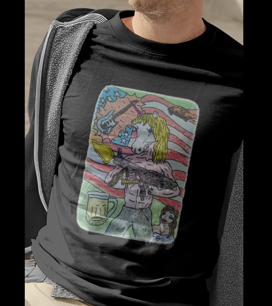 Unicorn Rocker With Guitar And Beer In Hand Against Stars And Stripes With Car T-Shirt
