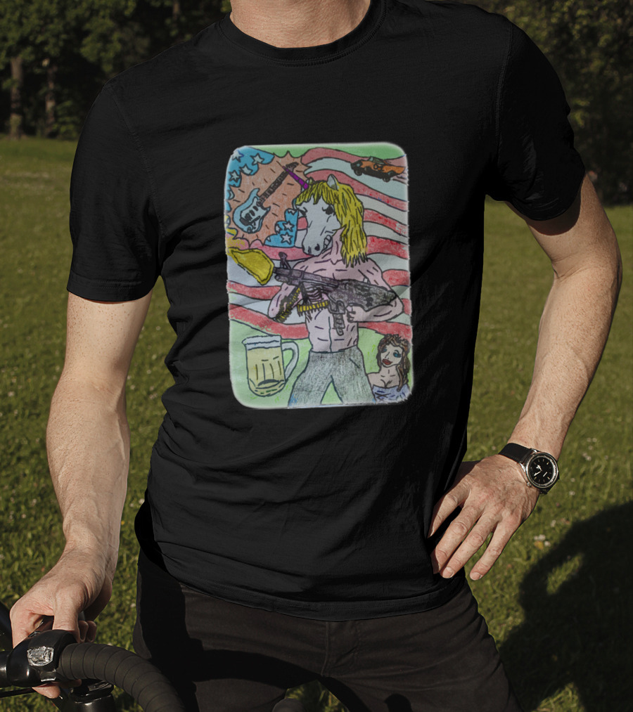 Unicorn Rocker With Guitar And Beer In Hand Against Stars And Stripes With Car T-Shirt