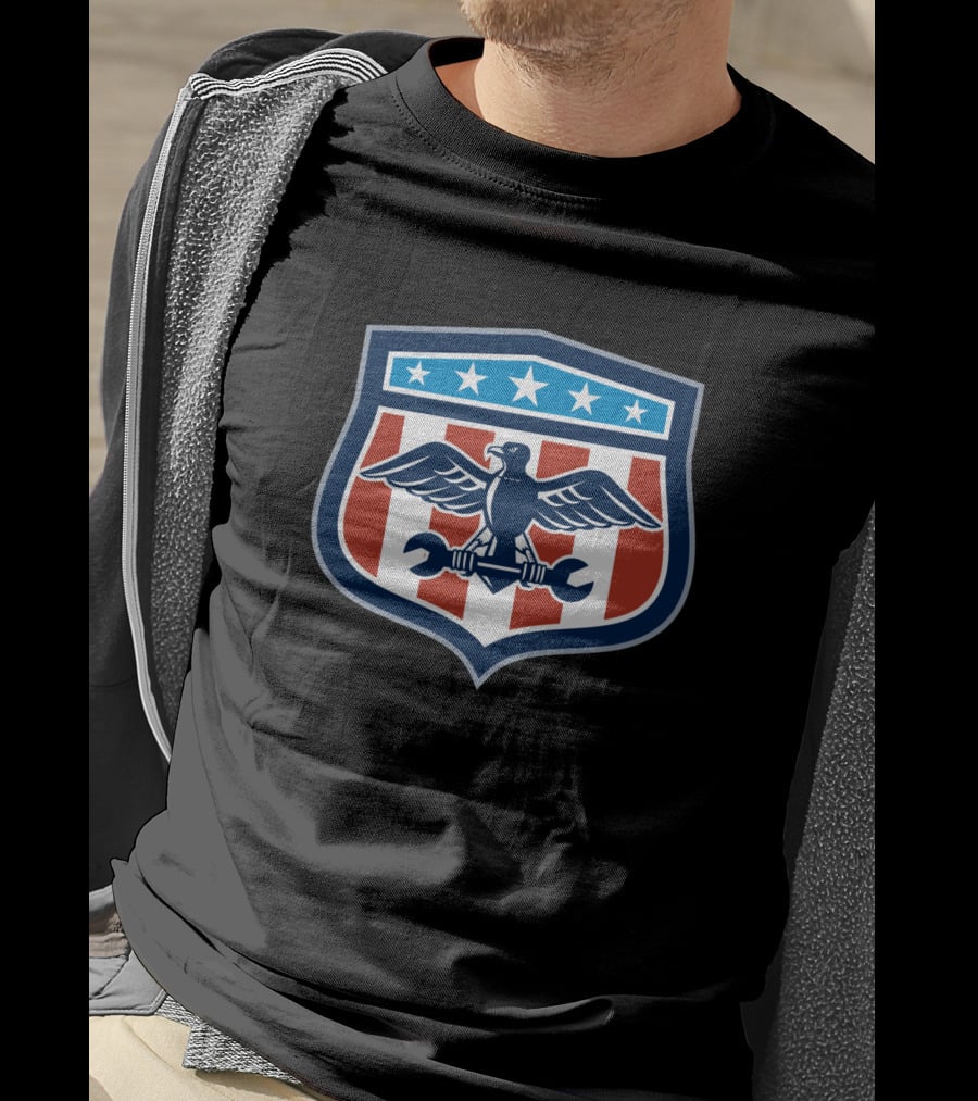American Eagle Mechanic Crest USA Flag Shield T-Shirt