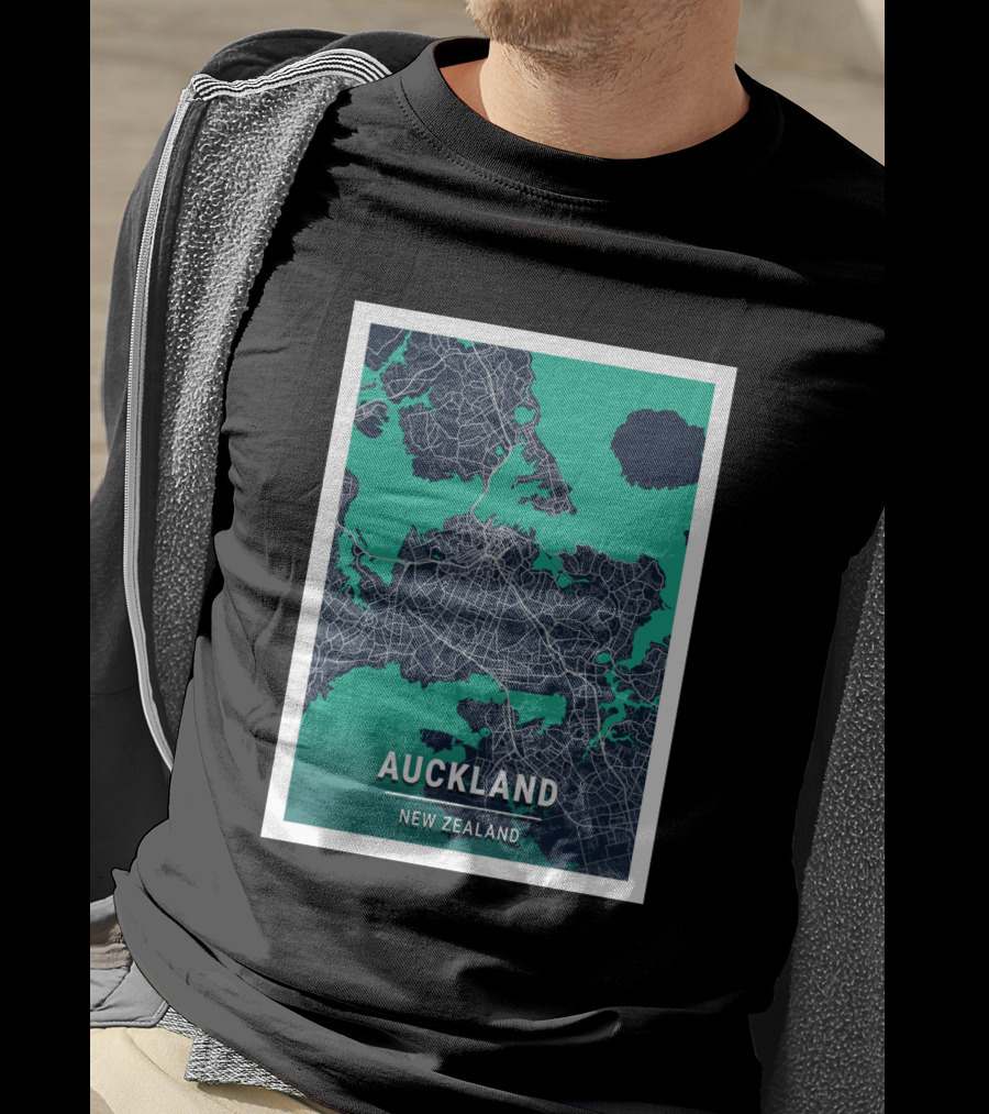 Auckland New Zealand City Map In Blue And Green Outlined T-Shirt