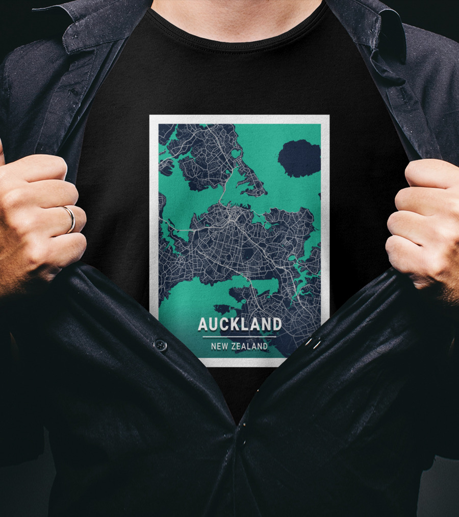 Auckland New Zealand City Map In Blue And Green Outlined T-Shirt