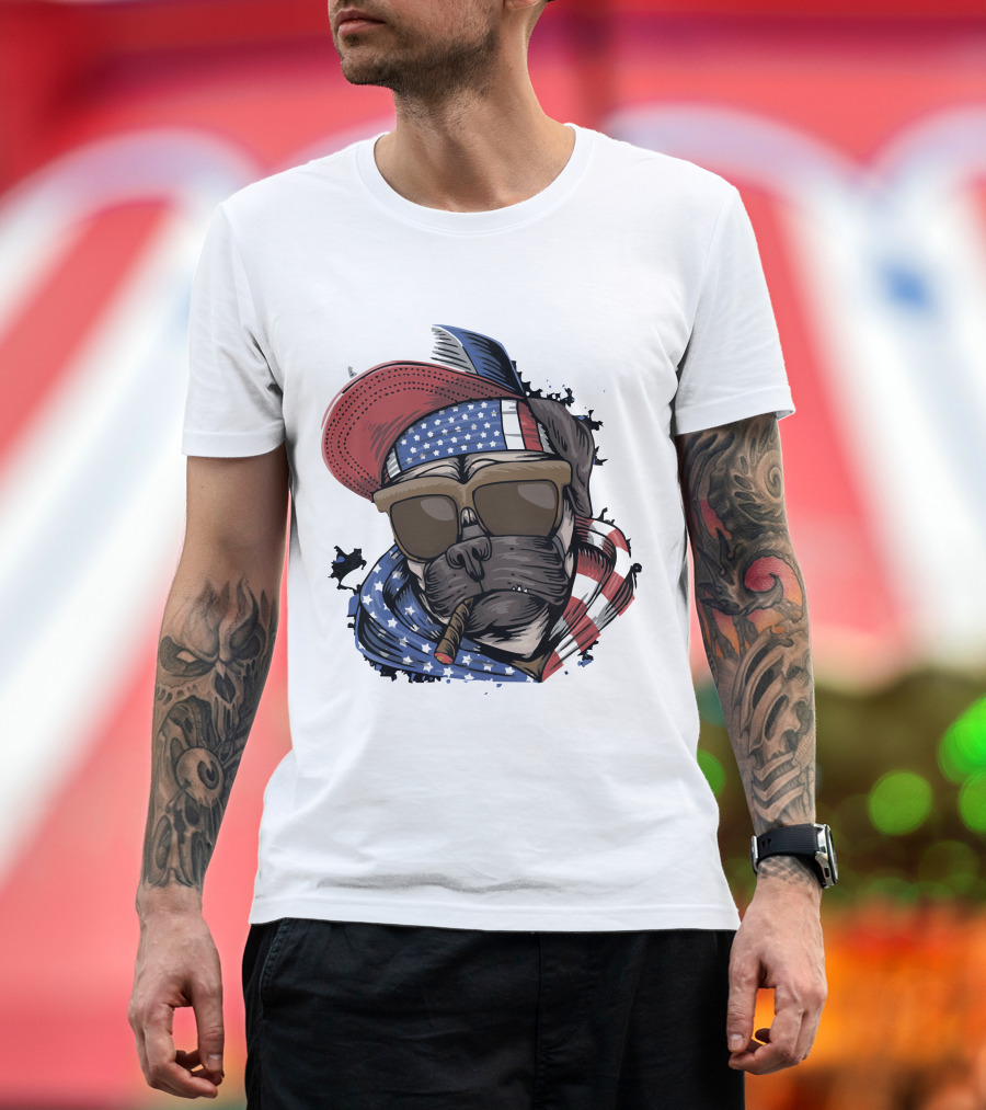 Pit Bull Boss American Flag Sunglasses Bandana Cigar Cool Dog T-Shirt