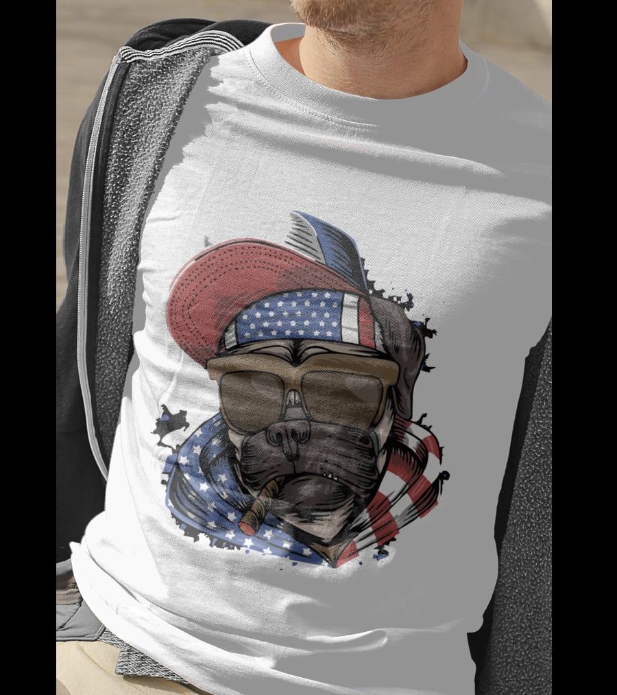 Pit Bull Boss American Flag Sunglasses Bandana Cigar Cool Dog T-Shirt