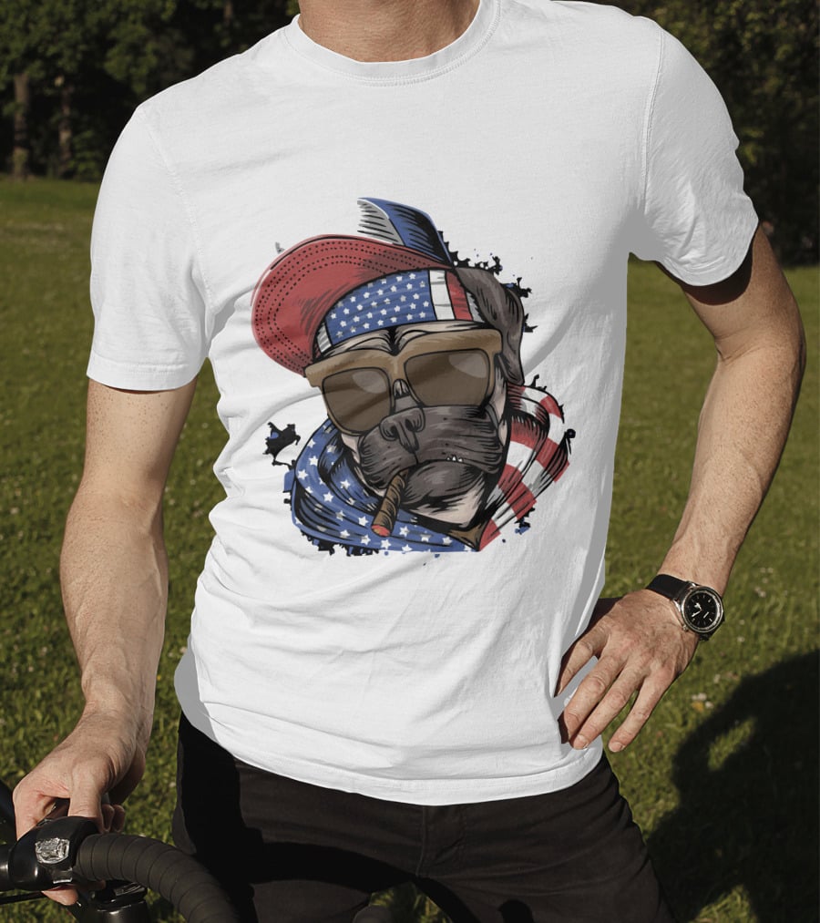 Pit Bull Boss American Flag Sunglasses Bandana Cigar Cool Dog T-Shirt