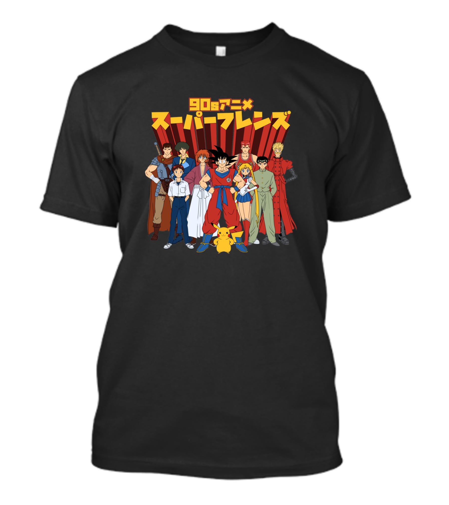 90s Anime Super Friends Characters Pikachu Japanese Text T-Shirt