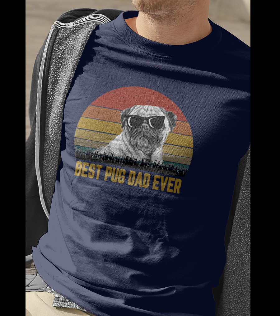 Best Pug Dad Ever Sunglasses Retro Sunset Background T-Shirt