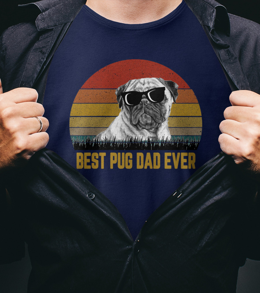 Best Pug Dad Ever Sunglasses Retro Sunset Background T-Shirt