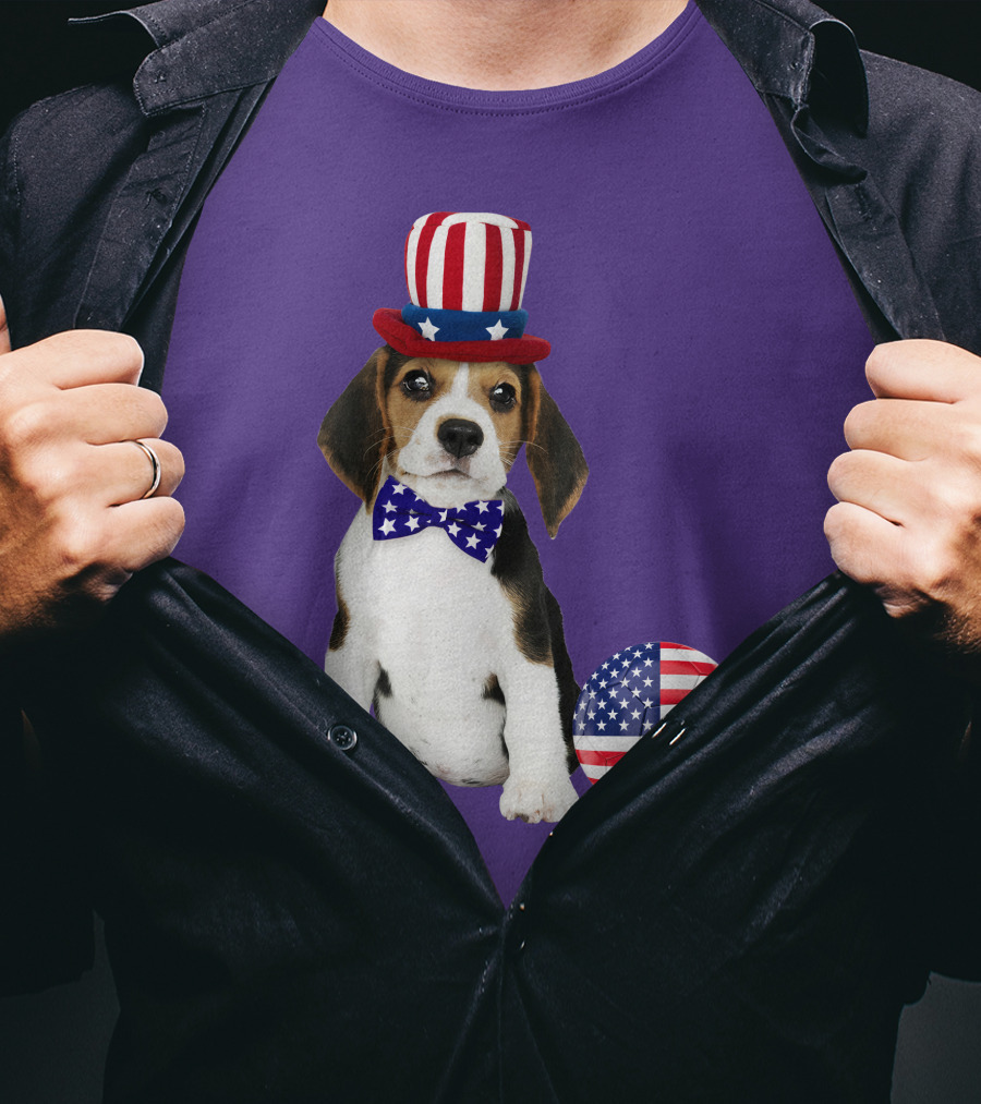 Patriotic Beagle With American Flag Hat And Bow Tie T-Shirt