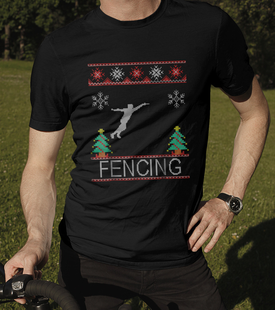 Fencing Ugly Christmas Sweater Style With Snowflakes And Trees T-Shirt