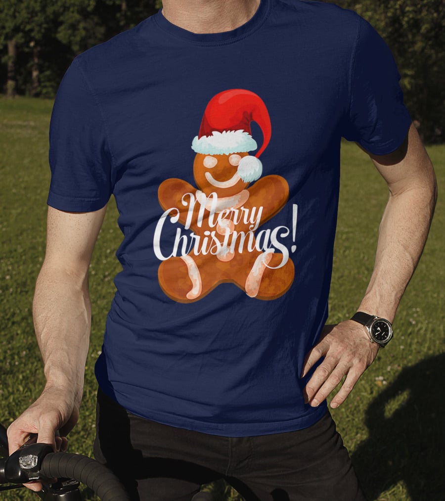 Merry Christmas Gingerbread With Santa Hat T-Shirt