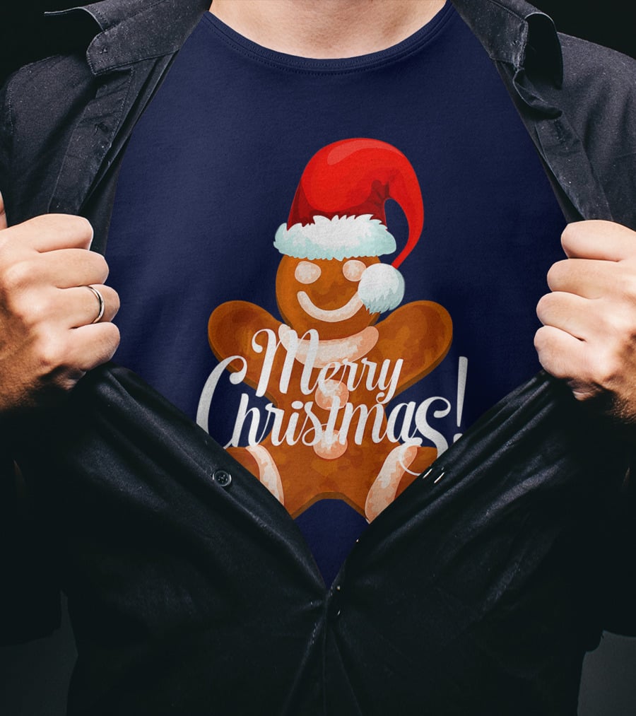 Merry Christmas Gingerbread With Santa Hat T-Shirt