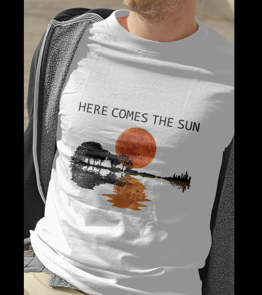 Here Comes The Sun Guitar Shadow Sunset Tree Reflection T-Shirt