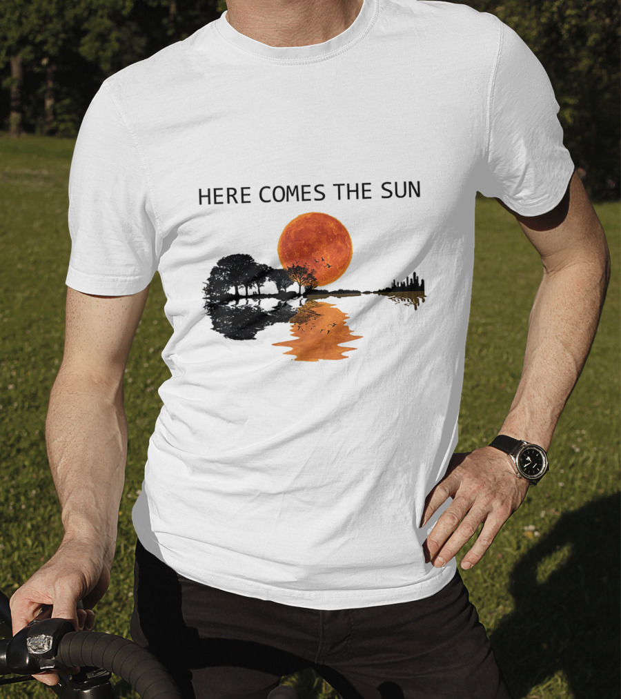 Here Comes The Sun Guitar Shadow Sunset Tree Reflection T-Shirt