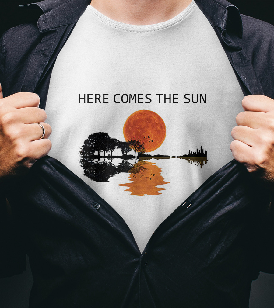 Here Comes The Sun Guitar Shadow Sunset Tree Reflection T-Shirt
