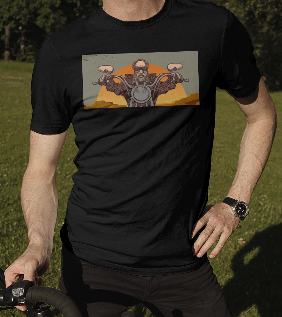 Biker Grandpa Riding Motorcycle At Sunset With Birds In Background T-Shirt