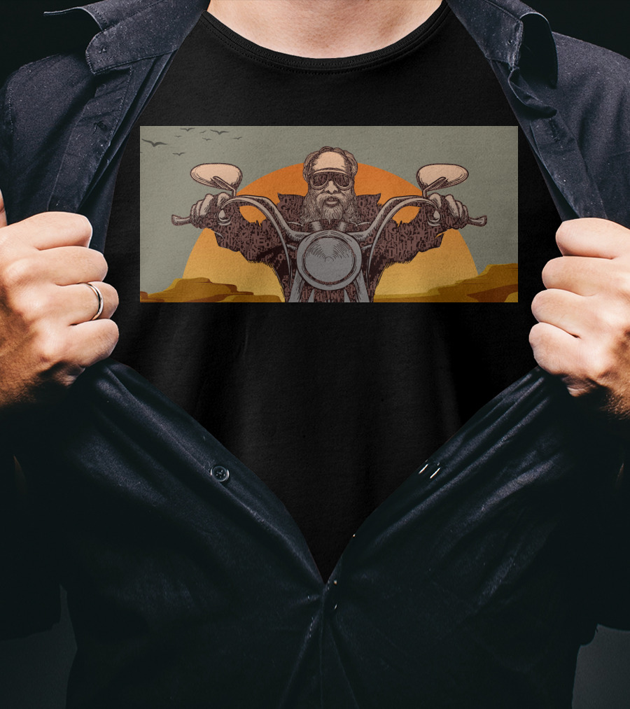 Biker Grandpa Riding Motorcycle At Sunset With Birds In Background T-Shirt