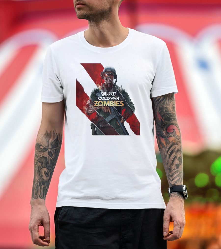 Call of Duty Black Ops Cold War Zombies Soldier with Gun and Red Torn Stripes T-Shirt