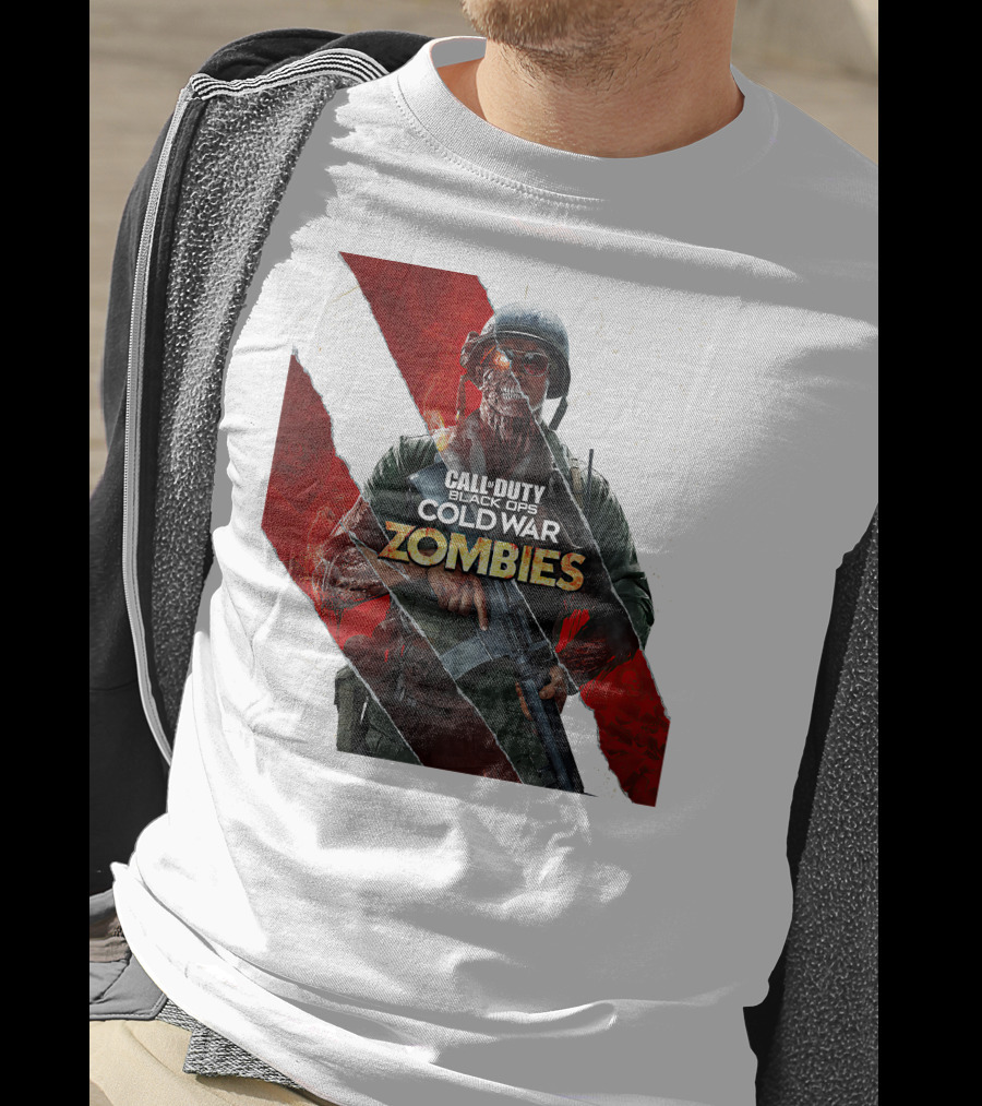 Call Of Duty Black Ops Cold War Zombies Soldier With Gun And Red Torn Stripes T-Shirt