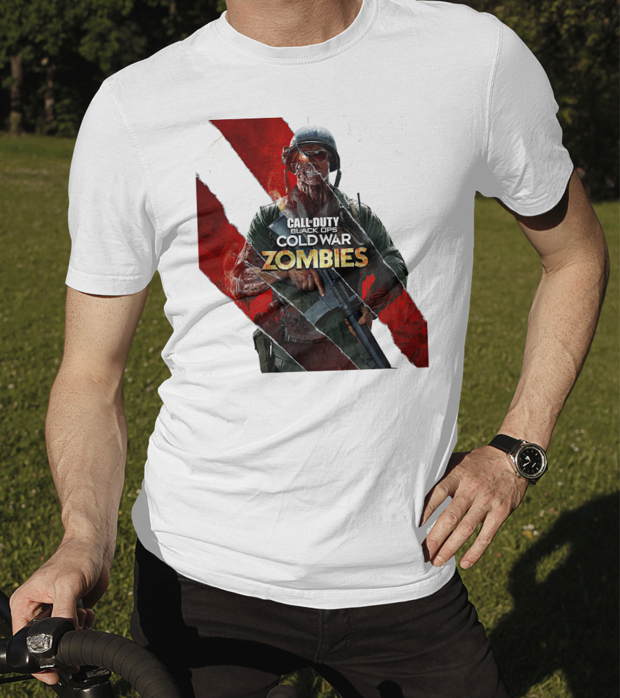 Call Of Duty Black Ops Cold War Zombies Soldier With Gun And Red Torn Stripes T-Shirt