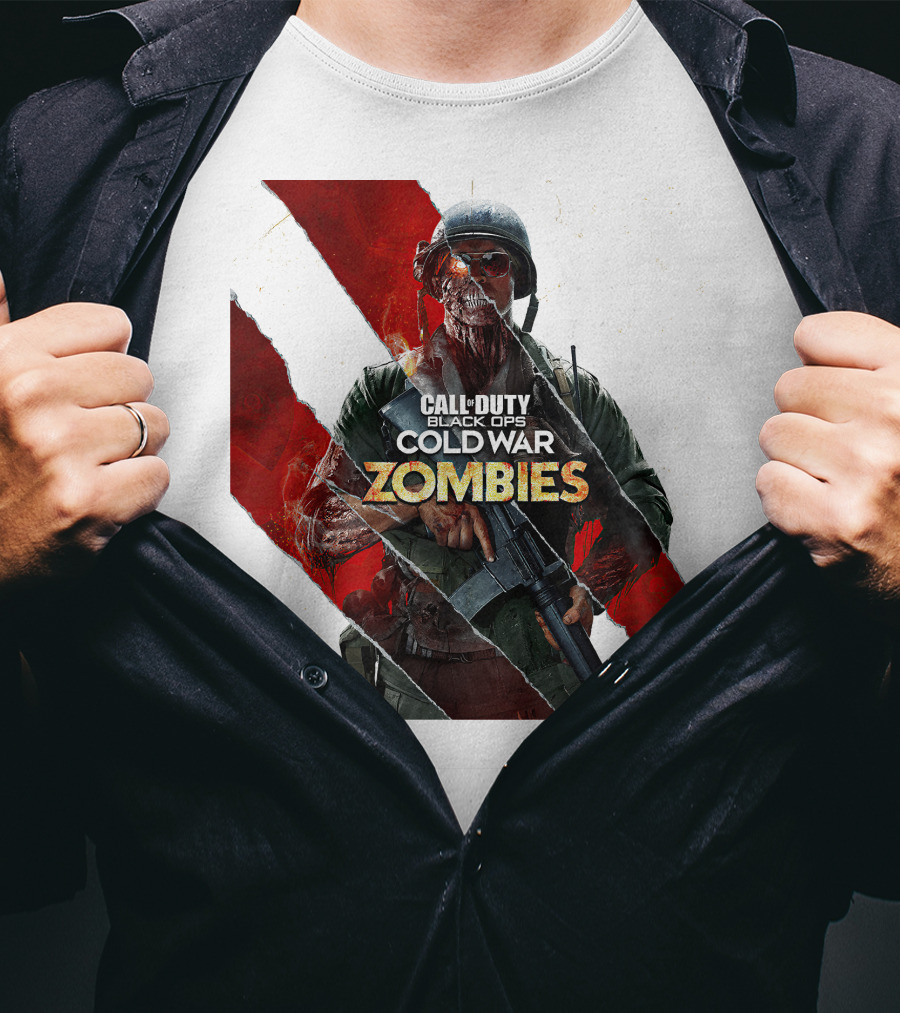 Call Of Duty Black Ops Cold War Zombies Soldier With Gun And Red Torn Stripes T-Shirt