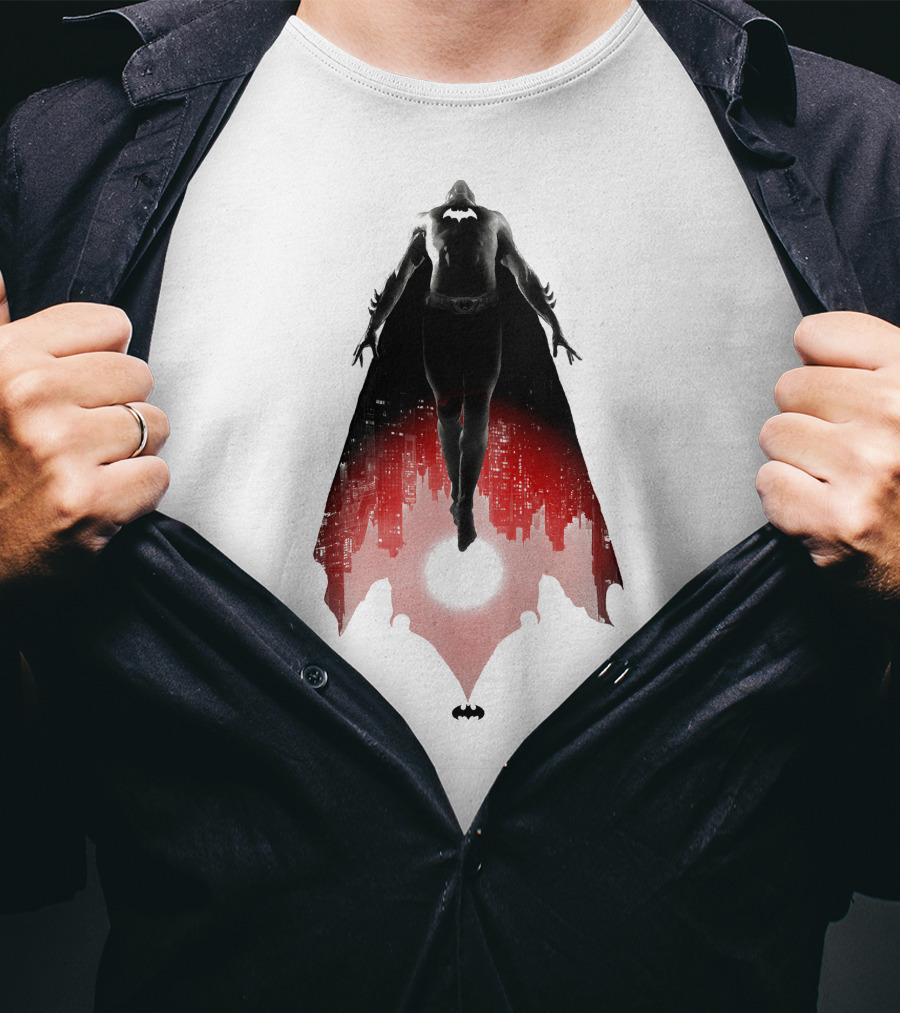 Batman Rising Over Gotham City Silhouette Red And Black T-Shirt