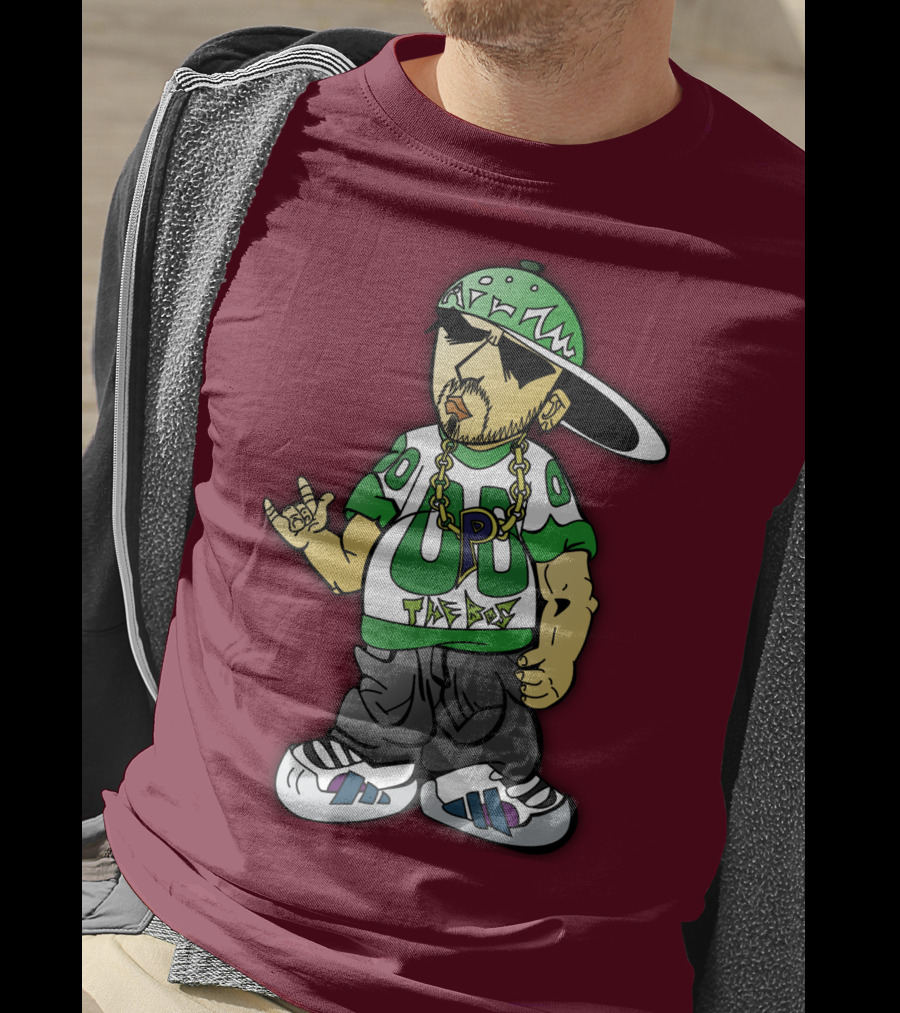HipHop Cartoon Character With UP The Posse On Green Snapback And Chain T-Shirt