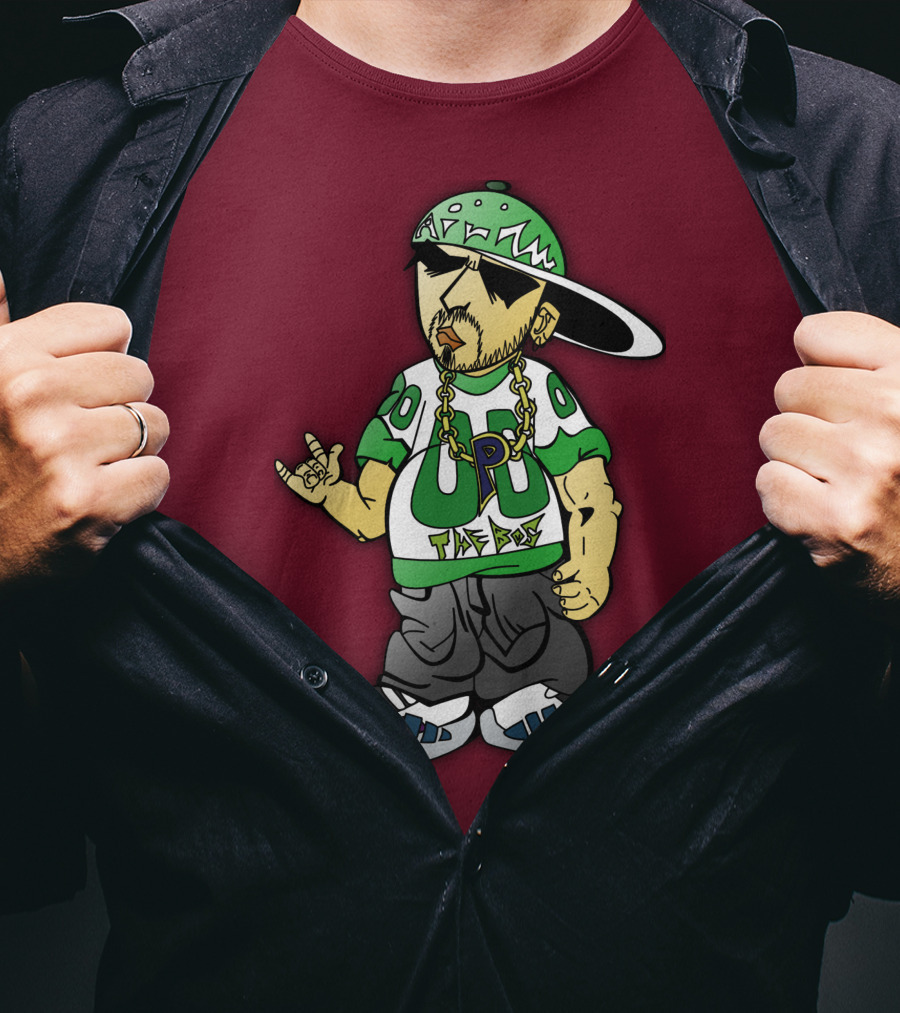 HipHop Cartoon Character With UP The Posse On Green Snapback And Chain T-Shirt