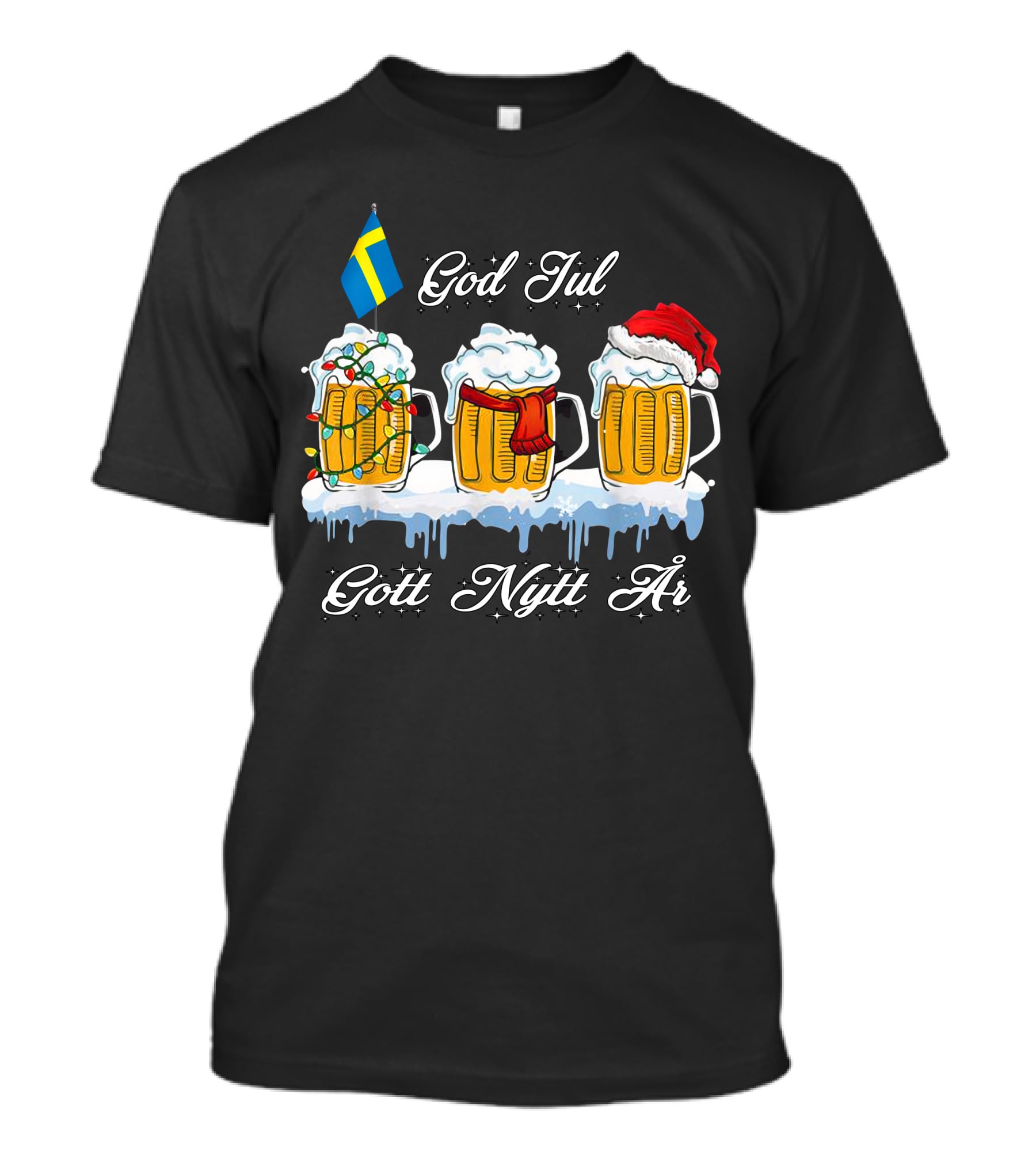 God Jul Gott Nytt År Swedish Christmas Beer Mugs With Santa Hat And Flag T-Shirt