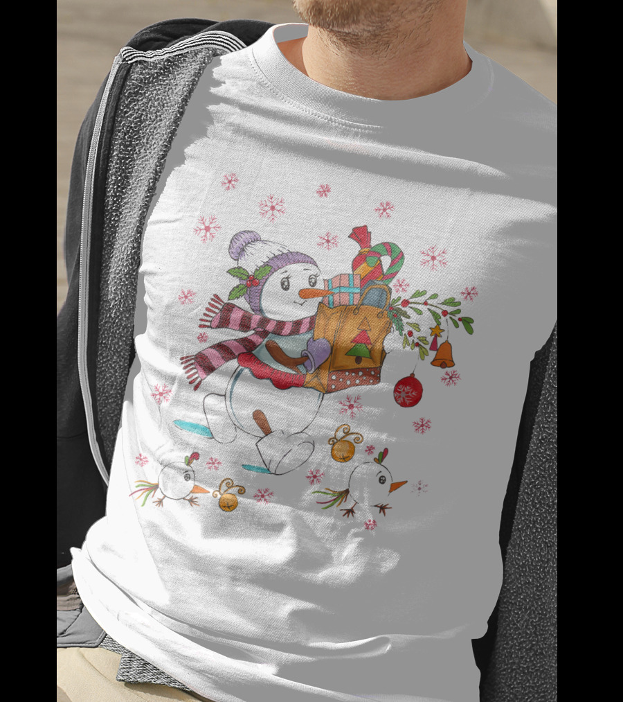Festive Snowman With Gift Bag And Holiday Decorations T-Shirt