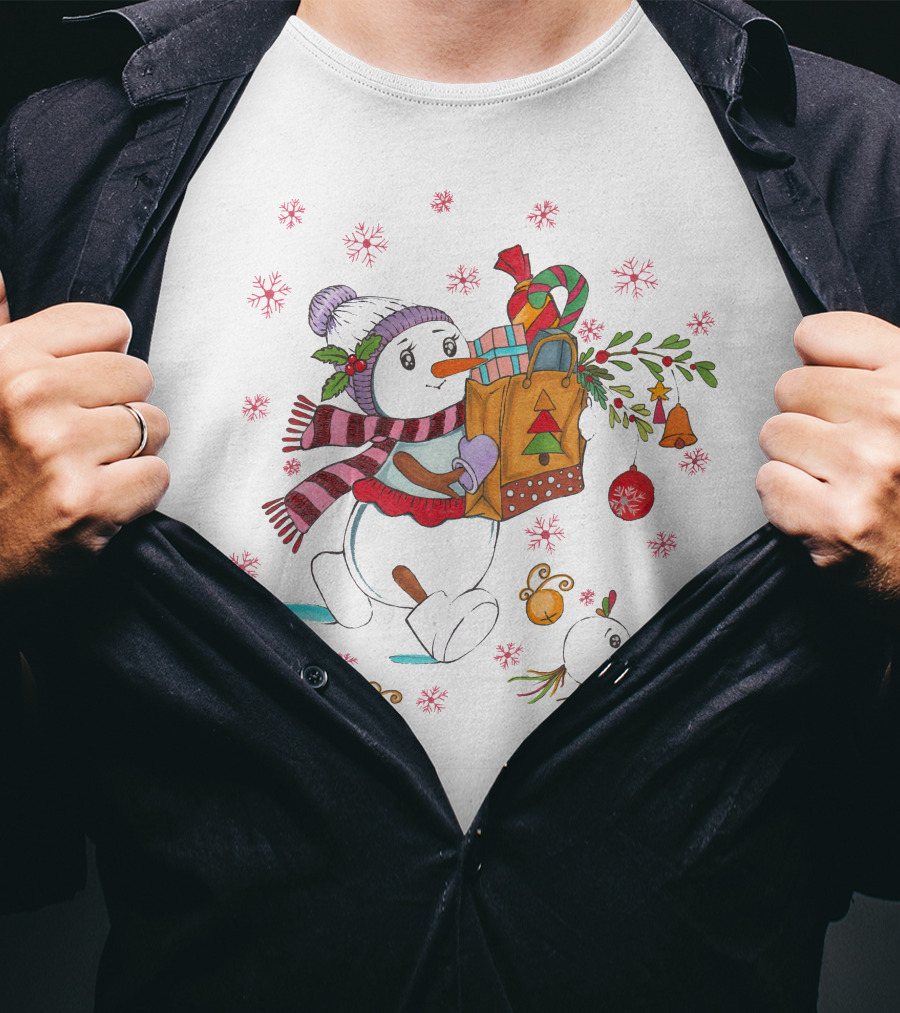 Festive Snowman With Gift Bag And Holiday Decorations T-Shirt