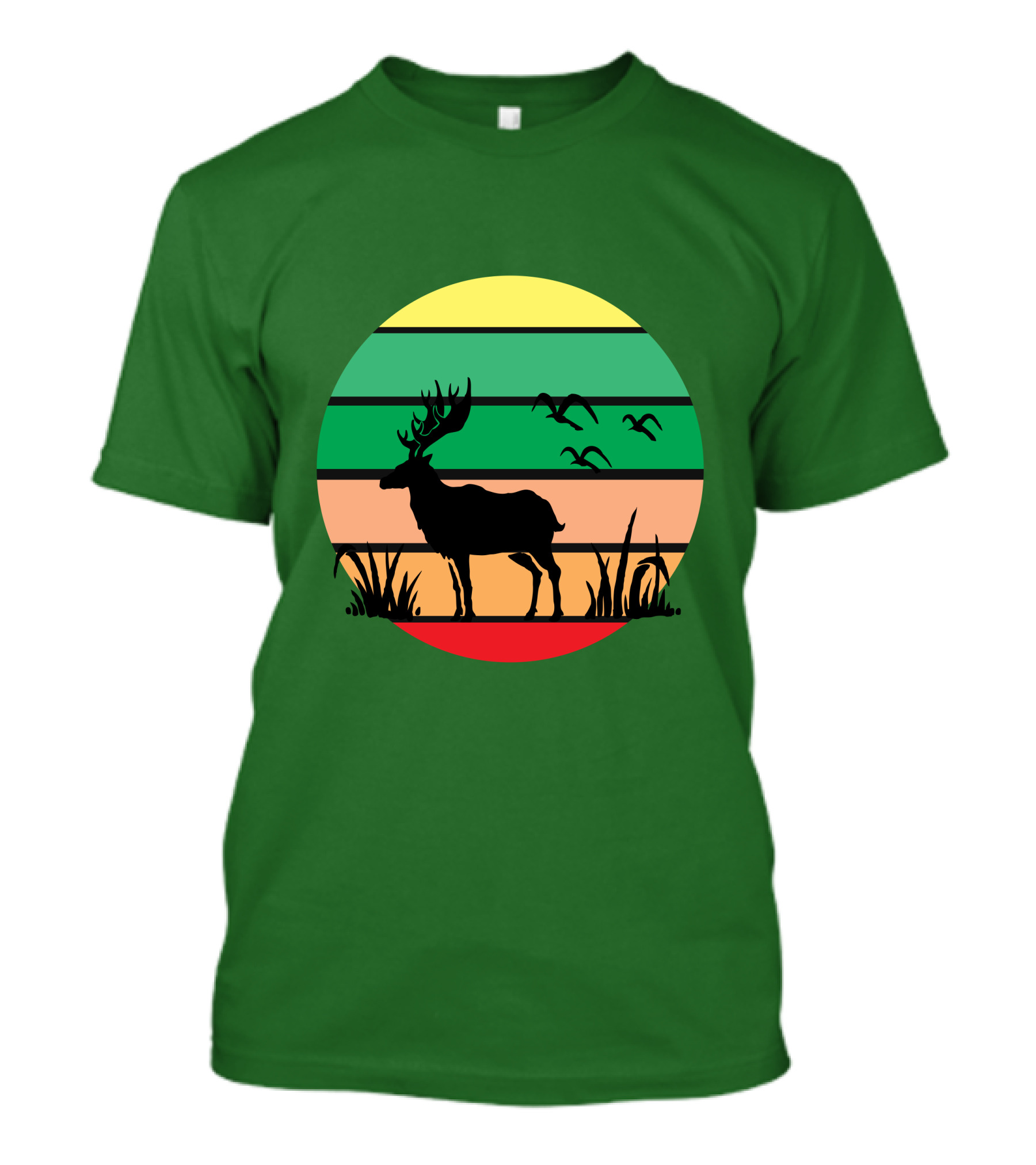 Lonely Reindeer Under The Sunset With Striped Background And Birds T-Shirt