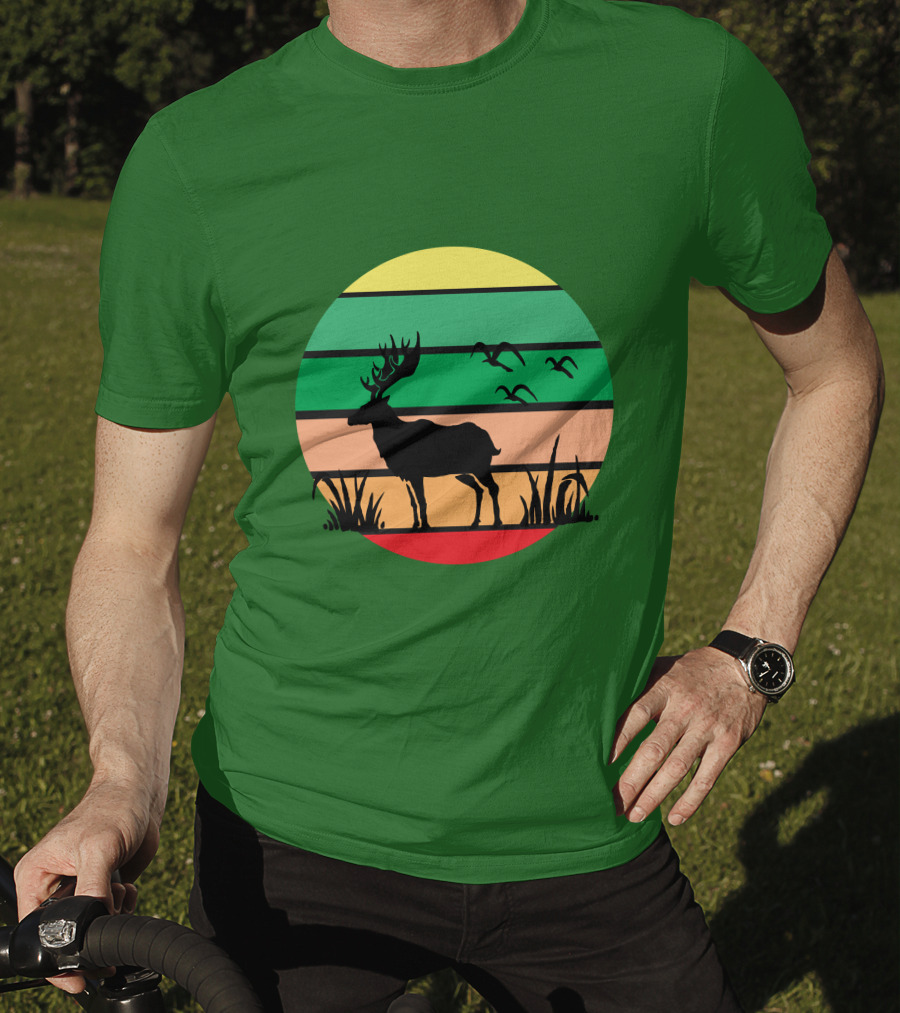 Lonely Reindeer Under The Sunset With Striped Background And Birds T-Shirt