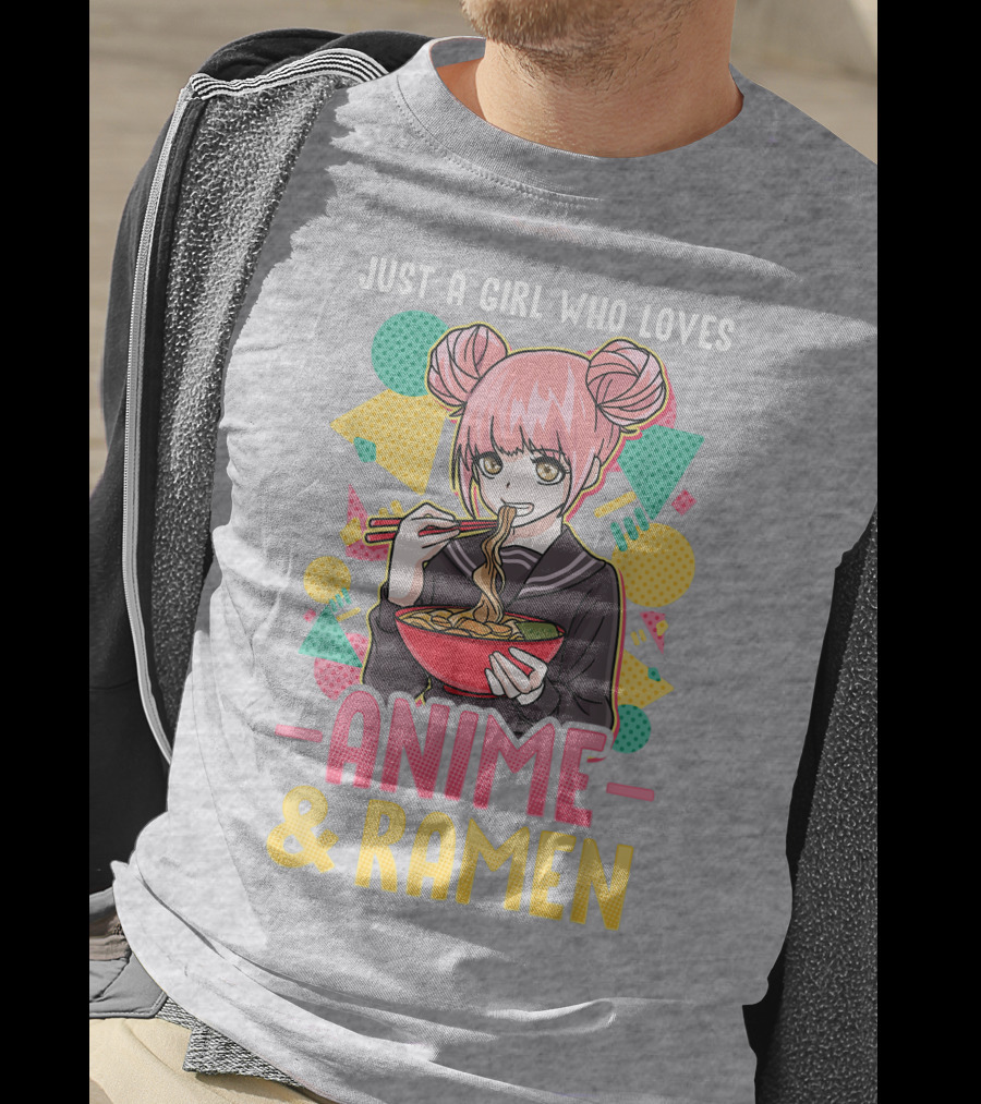 Just A Girl Who Loves Anime And Ramen With Pink-Haired Character Eating Noodles T-Shirt