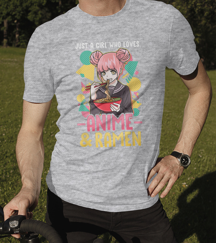 Just A Girl Who Loves Anime And Ramen With Pink-Haired Character Eating Noodles T-Shirt