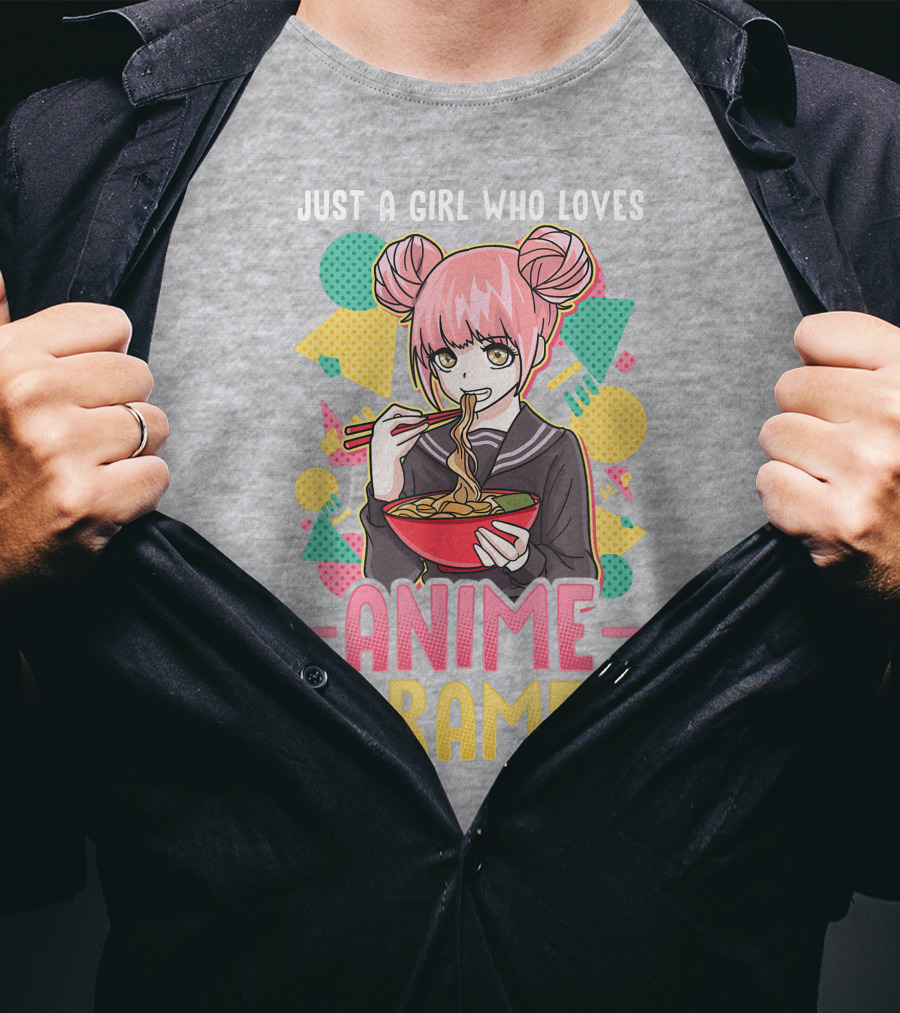 Just A Girl Who Loves Anime And Ramen With Pink-Haired Character Eating Noodles T-Shirt