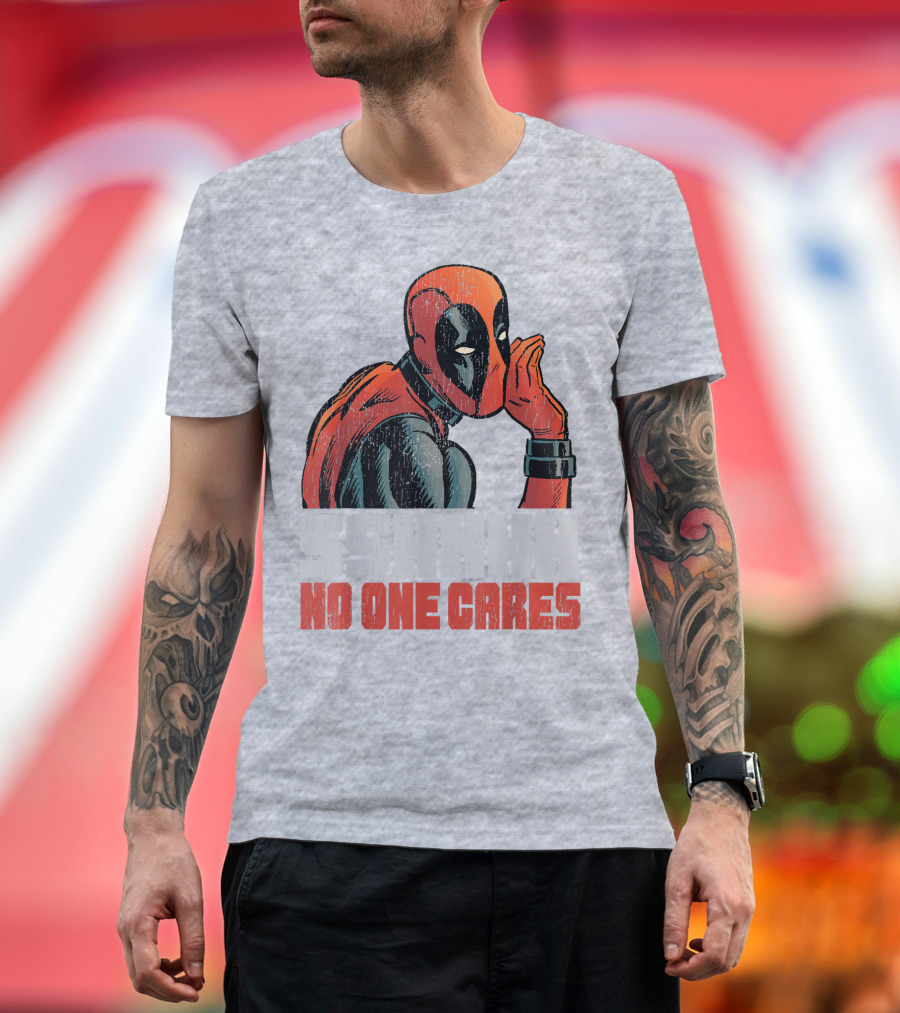 Marvel Deadpool SSHHHH No One Cares Whisper Red and Black Suit Hero T-Shirt