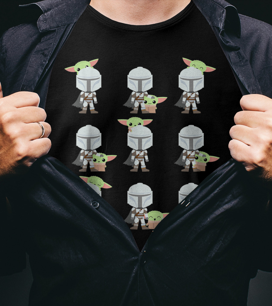 Star Wars The Mandalorian Baby Yoda Expressions Multiple Poses With Helmeted Hero T-Shirt
