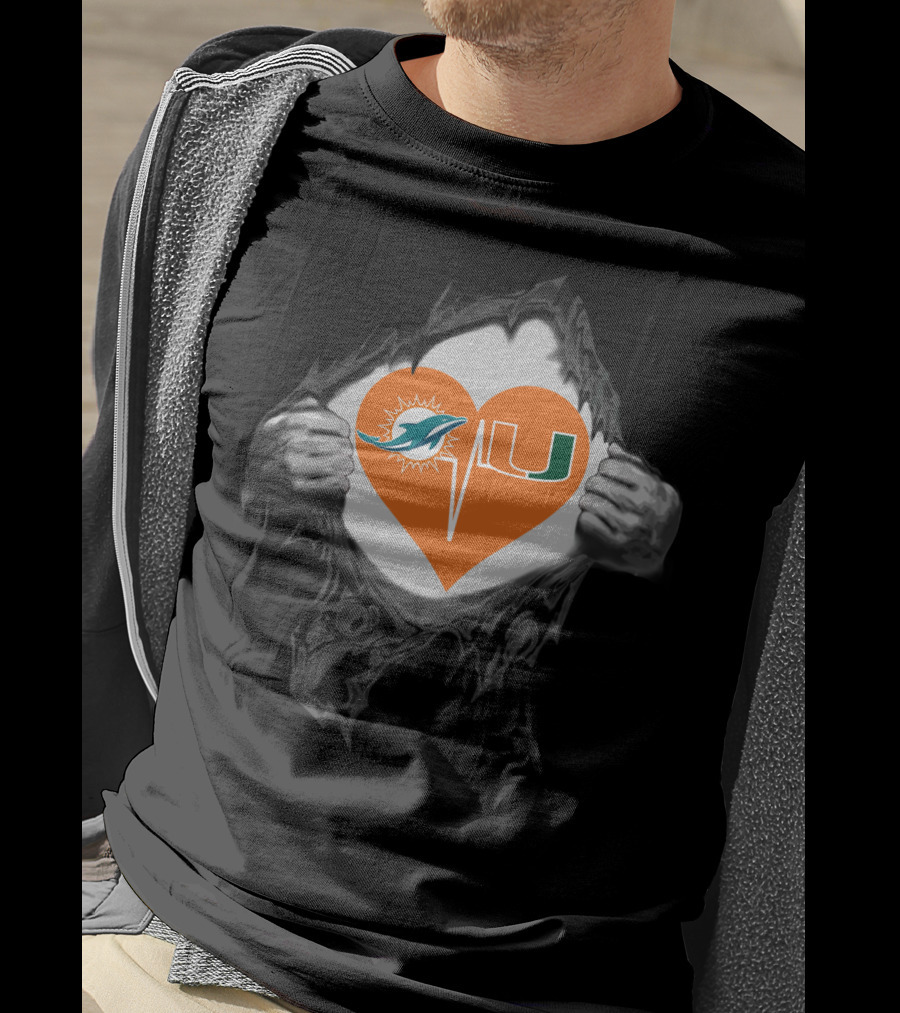 Miami Dolphins And Hurricanes Heartbeat Fan Logo Fusion T-Shirt